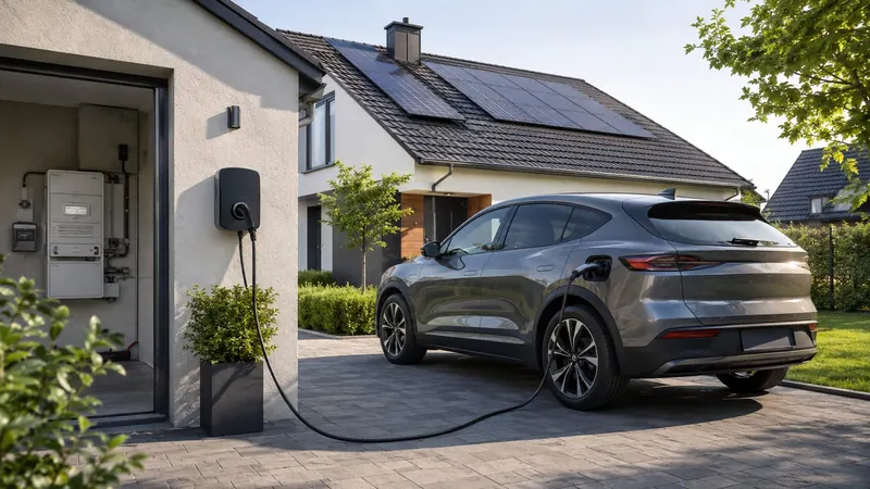 Elektrische auto laadt op aan de laadpaal op de oprit