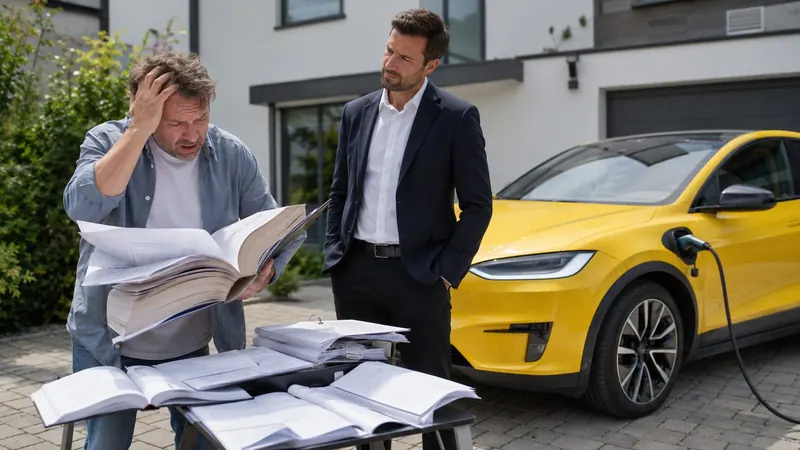 Twee mannen nemen de papieren door bij een elektrische auto op de oprit