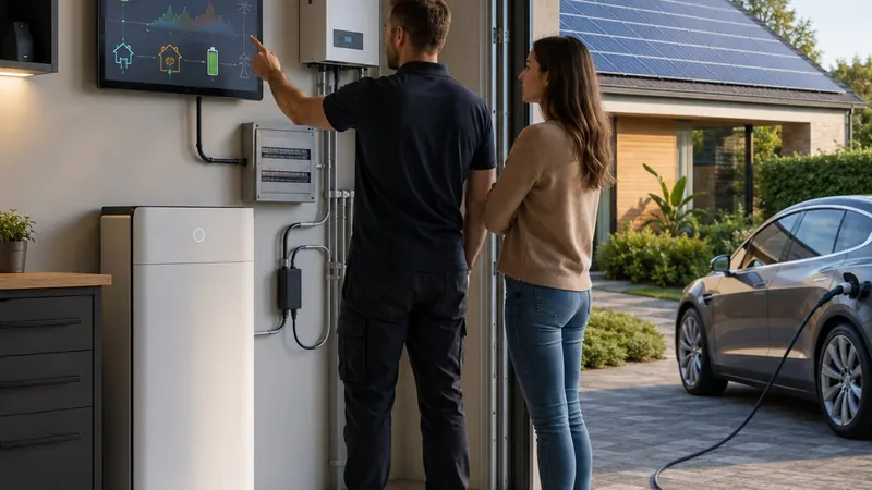 Stel bij de thuisbatterij in de garage, met zonnepanelen en een elektrische auto